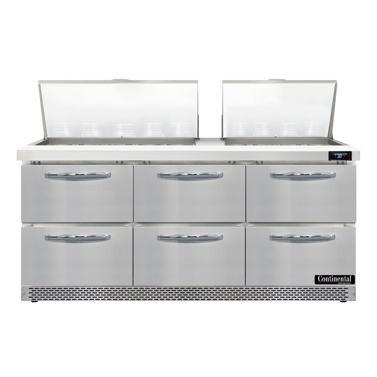 Continental Refrigerator D72N27M-FB-D 72-Inch Mega Top Sandwich & Salad Prep Table — 6 Drawers, 27 Pans, Stainless Steel Front