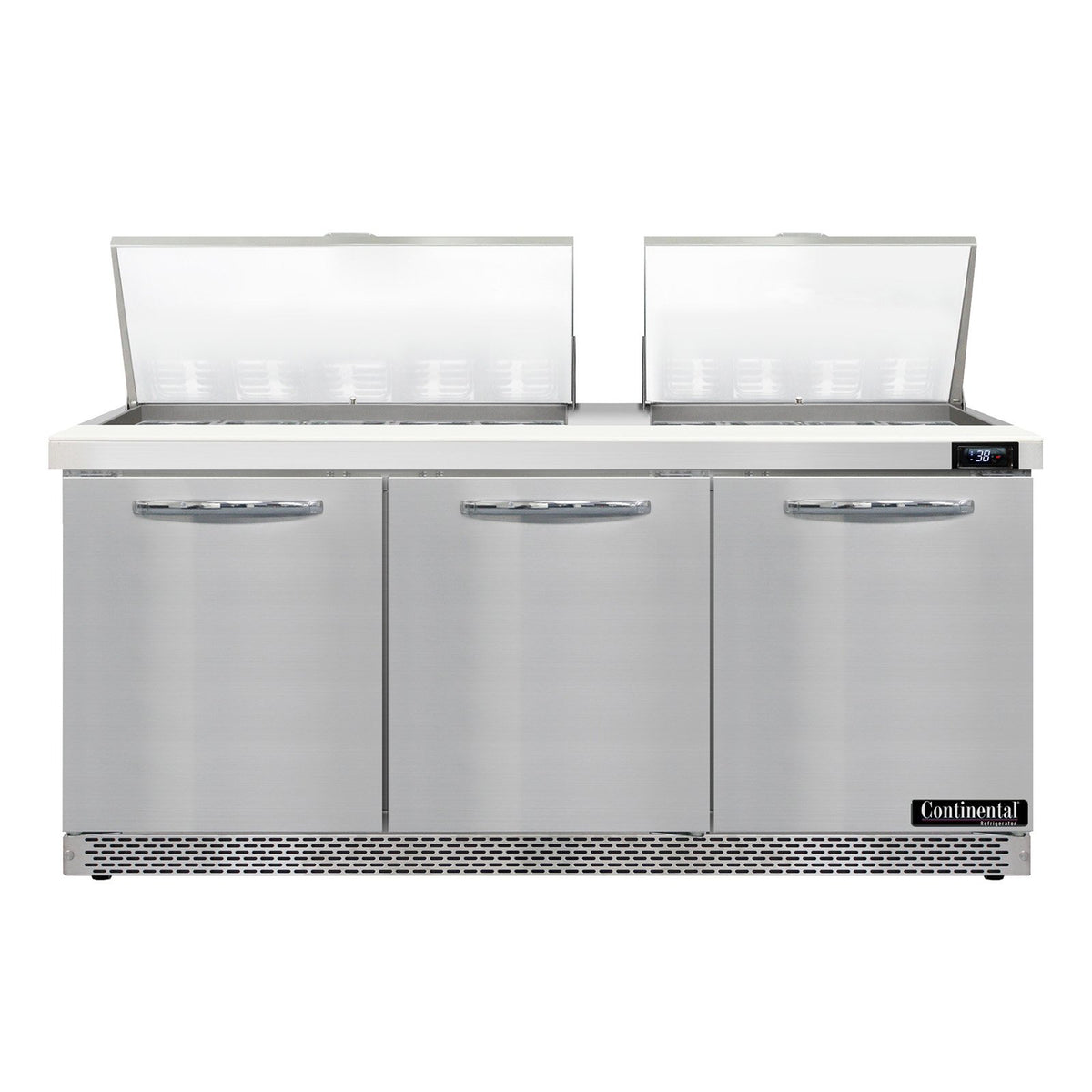Continental Refrigerator D72N27M-FB 72-Inch Mega Top Sandwich & Salad Prep Table — 3 Doors, 27 Pans, Stainless Steel Front