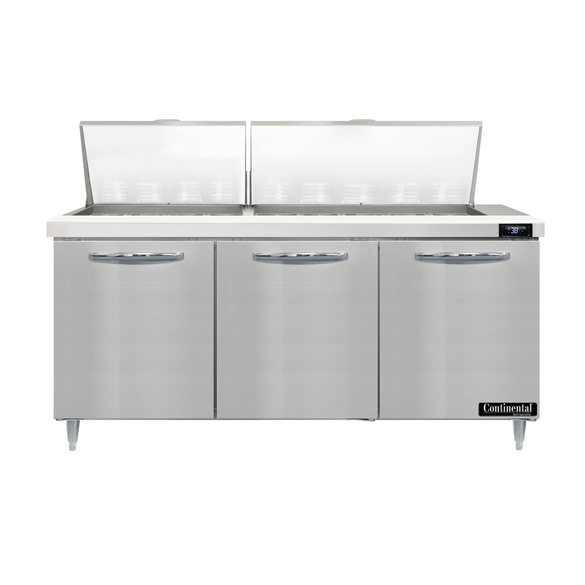 Continental Refrigerator D72N27M 72-Inch Mega Top Sandwich & Salad Prep Table — 3 Doors, 27 Pans, Stainless Steel Front