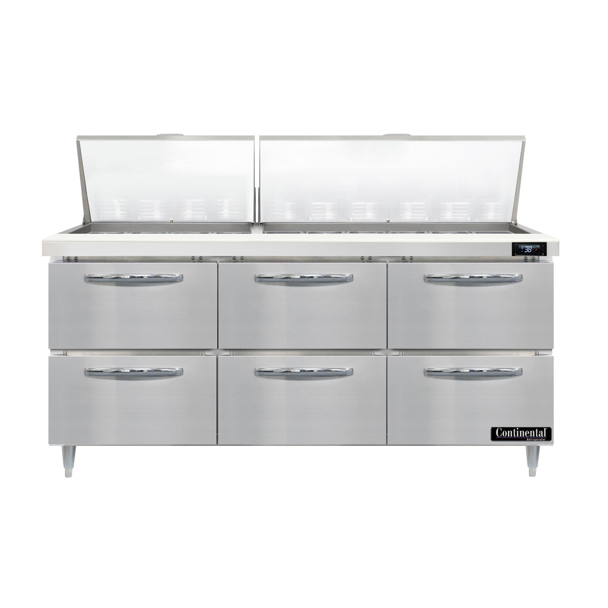 Continental Refrigerator D72N30M-D 72-Inch Mega Top Sandwich & Salad Prep Table — 6 Drawers, 30 Pans, Stainless Steel Front
