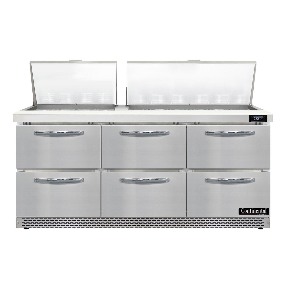 Continental Refrigerator D72N30M-FB-D 72-Inch Mega Top Sandwich & Salad Prep Table — 6 Drawers, 30 Pans, Stainless Steel Front