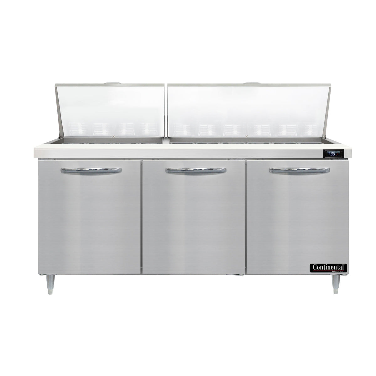 Continental Refrigerator D72N30M 72-Inch Mega Top Sandwich & Salad Prep Table — 3 Doors, 30 Pans, Stainless Steel Front