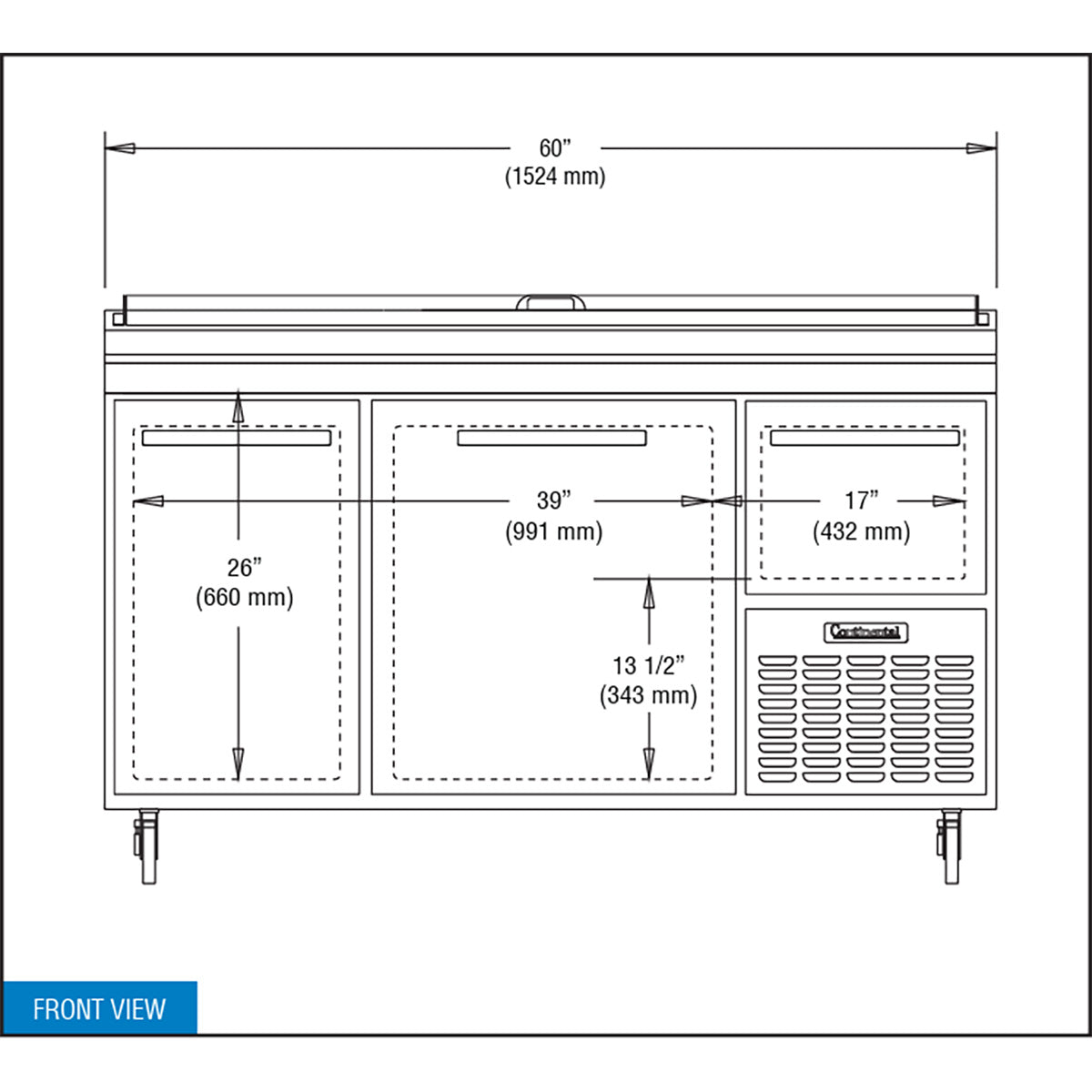 Continental Refrigerator PA60N 60-Inch Pizza Prep Table — 3 doors, Stainless Steel Front