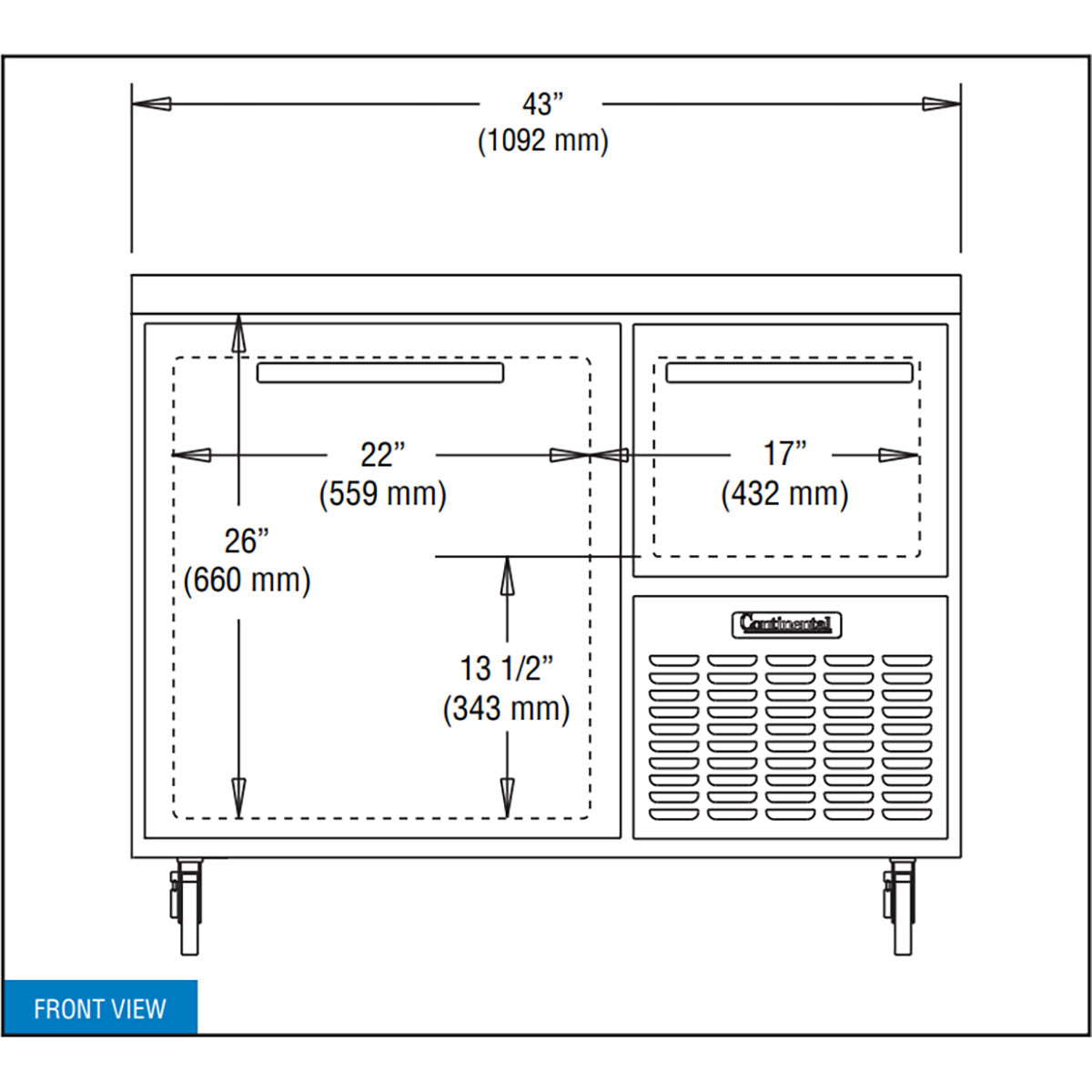 Continental Refrigerator RA43N 43-Inch Worktop Refrigerator — 2 doors, Stainless Steel Front