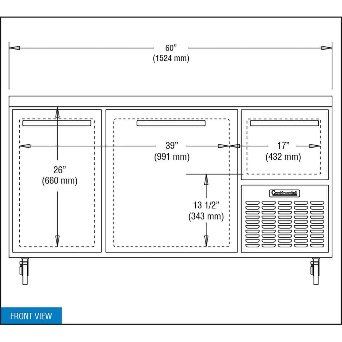 Continental Refrigerator RA60N 60-Inch Worktop Refrigerator — 3 doors, Stainless Steel Front