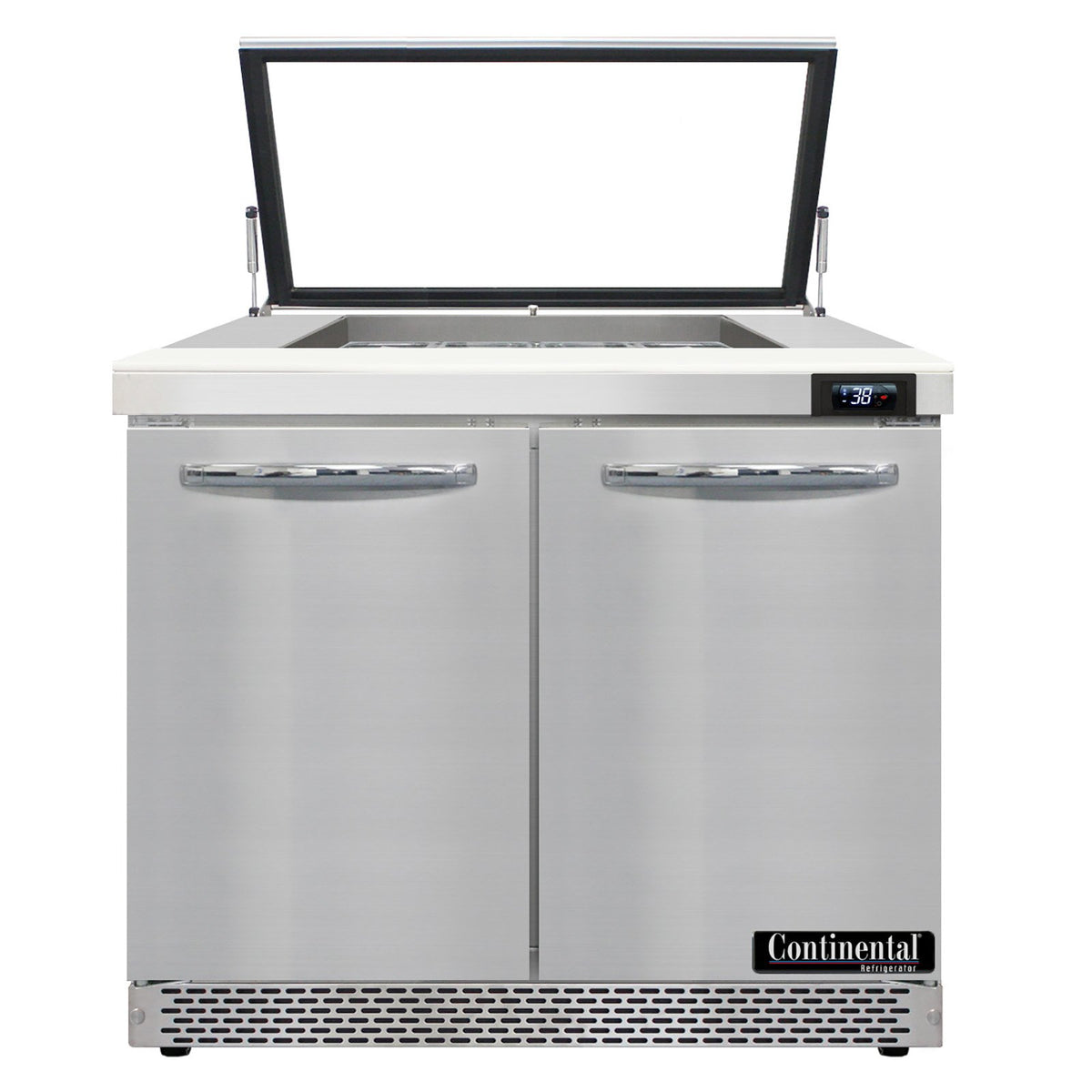 Continental Refrigerator SW36N12M-HGL-FB 36-Inch Mega Top Sandwich & Salad Prep Table — 2 Doors, 12 Pans, Stainless Steel Front