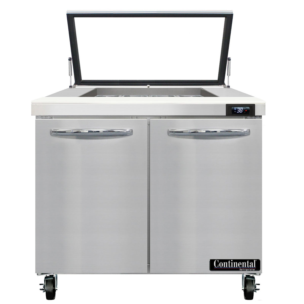 Continental Refrigerator SW36N12M-HGL 36-Inch Mega Top Sandwich & Salad Prep Table — 2 Doors, 12 Pans, Stainless Steel Front