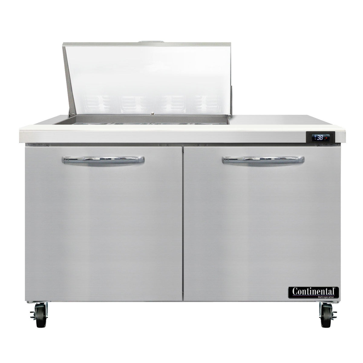 Continental Refrigerator SW48N12M 48-Inch Mega Top Sandwich & Salad Prep Table — 2 Doors, 12 Pans, Stainless Steel Front