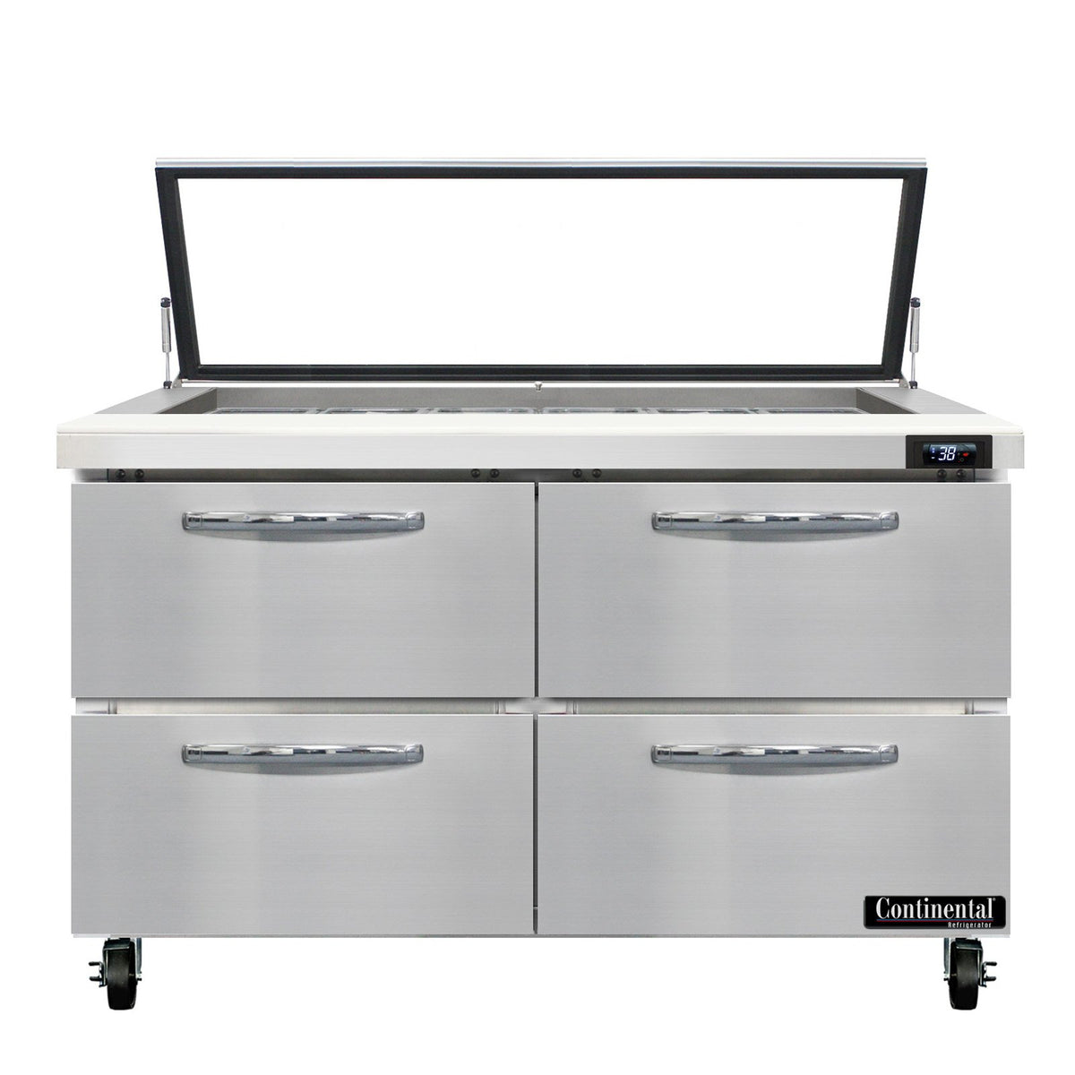 Continental Refrigerator SW48N18M-HGL-D 48-Inch Mega Top Sandwich & Salad Prep Table — 4 Drawers, 18 Pans, Stainless Steel Front