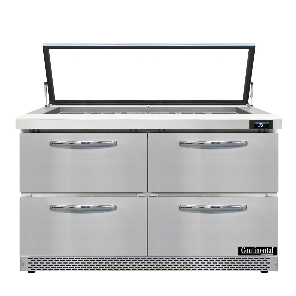 Continental Refrigerator SW48N18M-HGL-FB-D 48-Inch Mega Top Sandwich & Salad Prep Table — 4 Drawers, 18 Pans, Stainless Steel Front