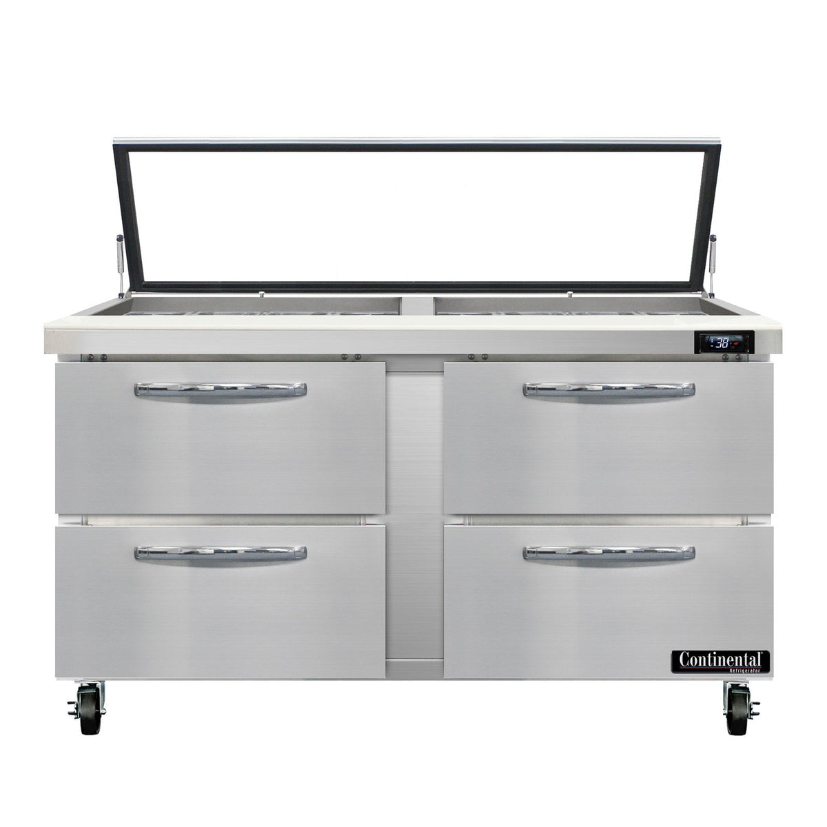 Continental Refrigerator SW60N24M-HGL-D 60-Inch Mega Top Sandwich & Salad Prep Table — 4 Drawers, 24 Pans, Stainless Steel Front