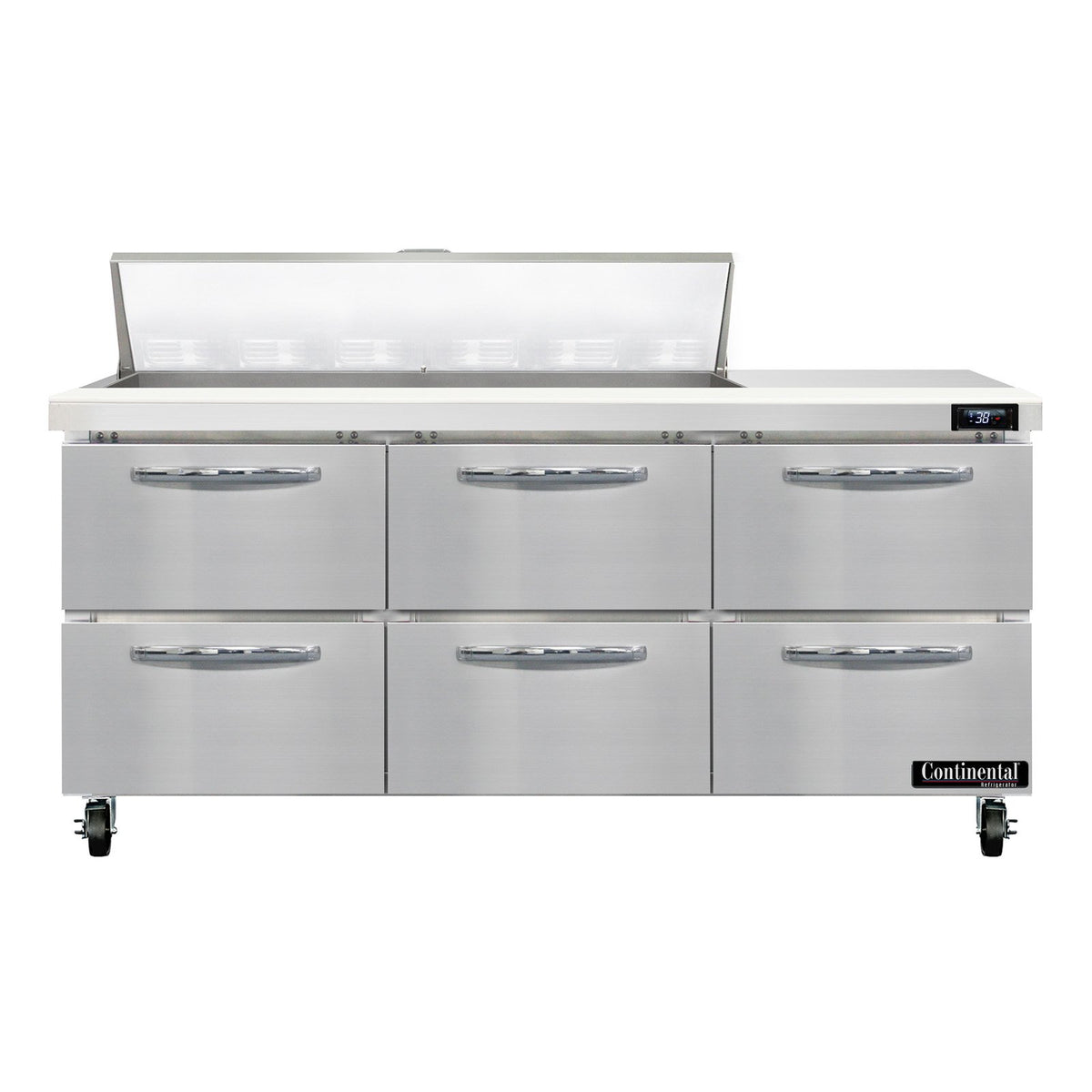 Continental Refrigerator SW72N12-D 72-Inch Sandwich & Salad Prep Table — 6 Drawers, 12 Pans, Stainless Steel Front