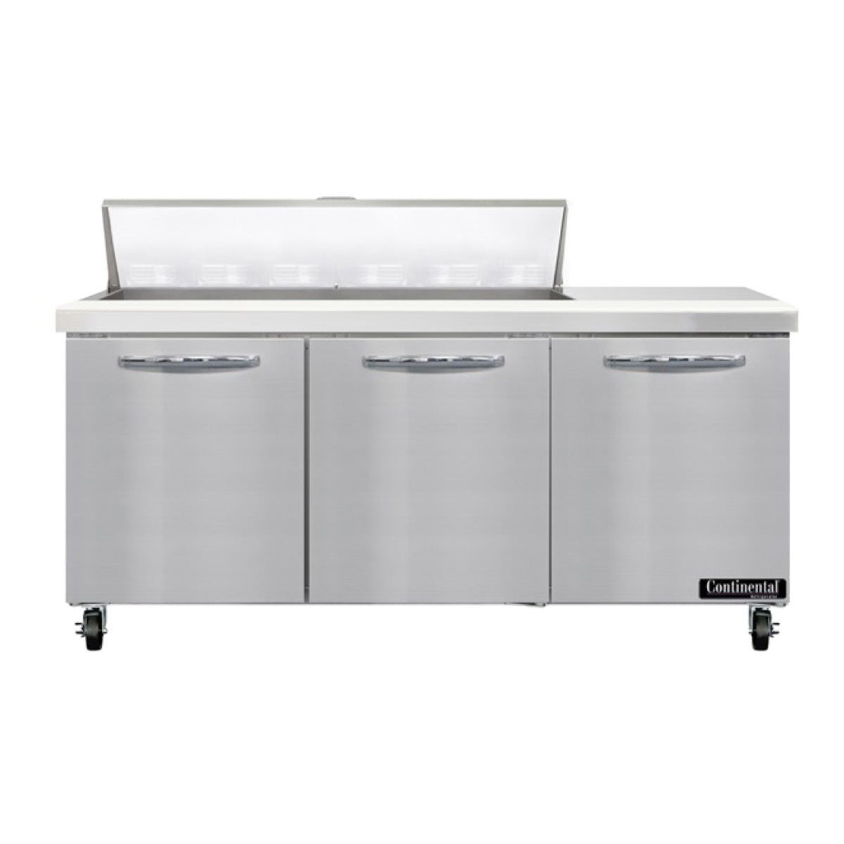 Continental Refrigerator SW72N12 72-Inch Sandwich & Salad Prep Table — 3 Doors, 12 Pans, Stainless Steel Front
