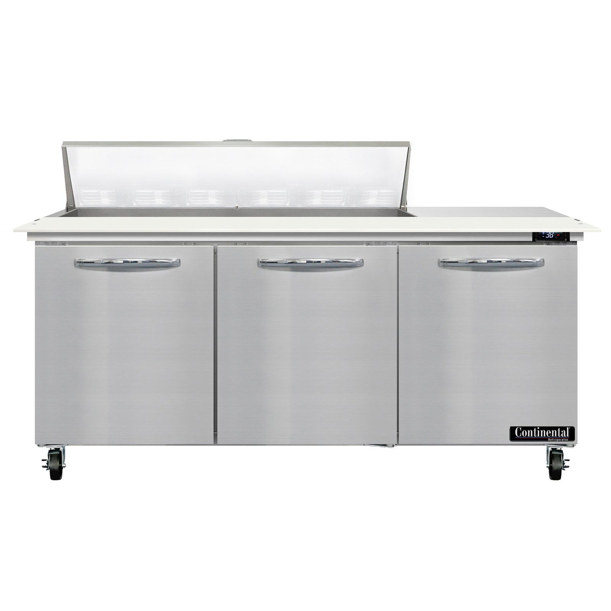 Continental Refrigerator SW72N12C 72-Inch Sandwich & Salad Prep Table — 3 Doors, 12 Pans, Stainless Steel Front