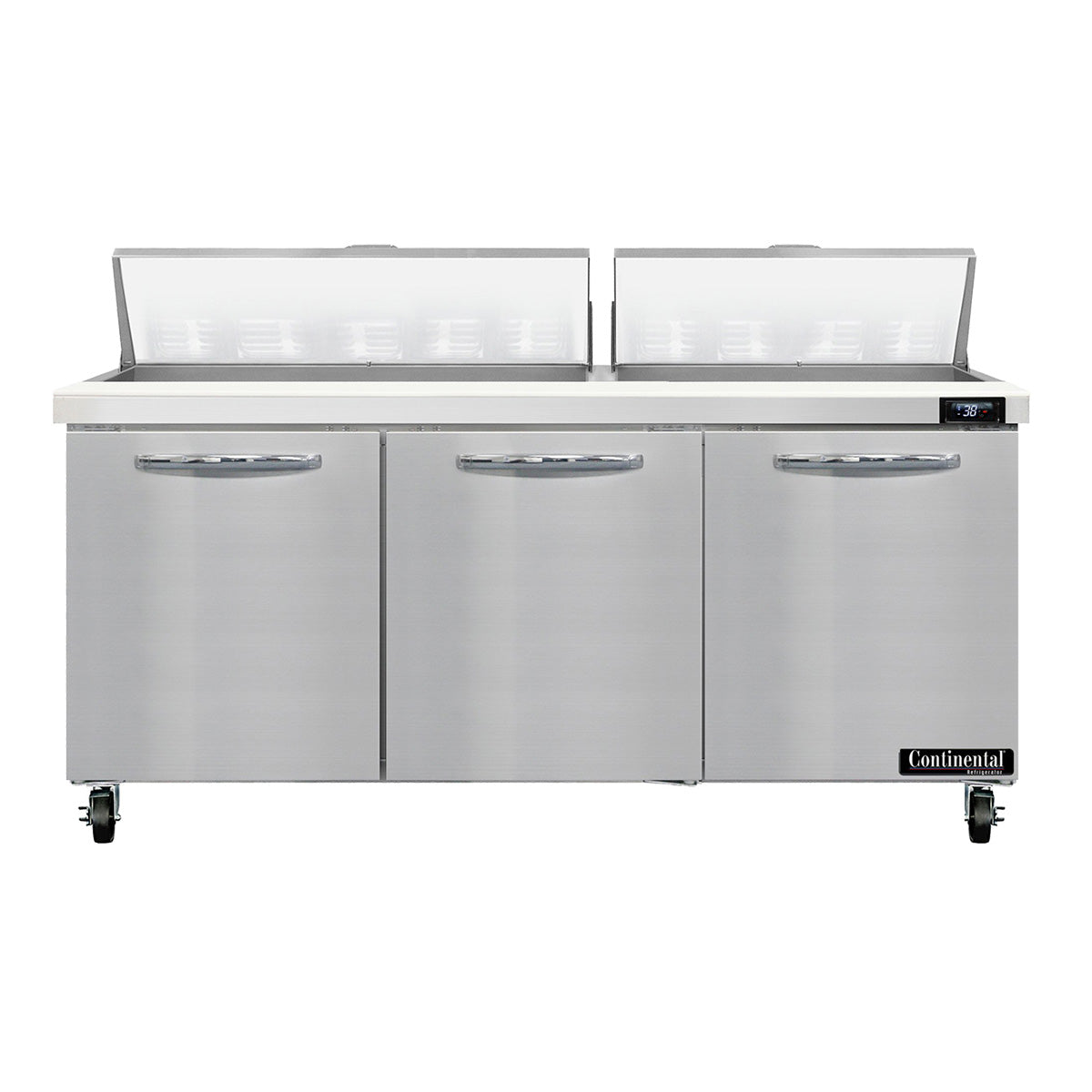 Continental Refrigerator SW72N18 72-Inch Sandwich & Salad Prep Table — 3 Doors, 18 Pans, Stainless Steel Front