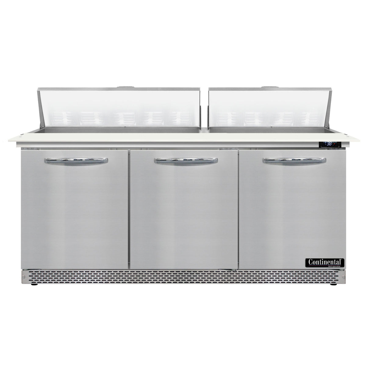 Continental Refrigerator SW72N18C-FB 72-Inch Sandwich & Salad Prep Table — 3 Doors, 18 Pans, Stainless Steel Front