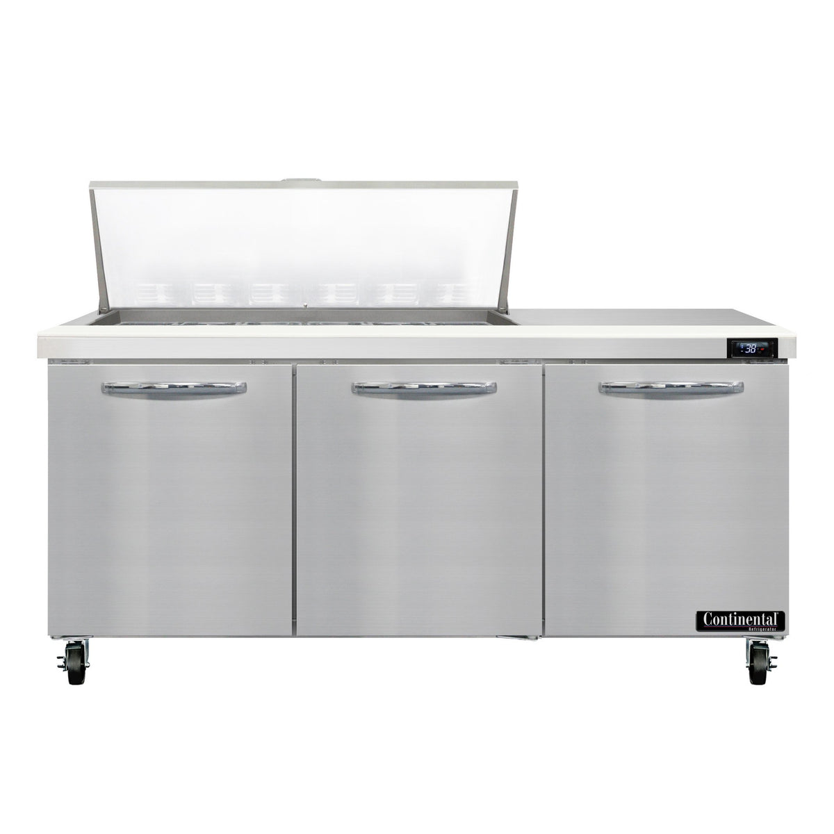Continental Refrigerator SW72N18M 72-Inch Mega Top Sandwich & Salad Prep Table — 3 Doors, 18 Pans, Stainless Steel Front