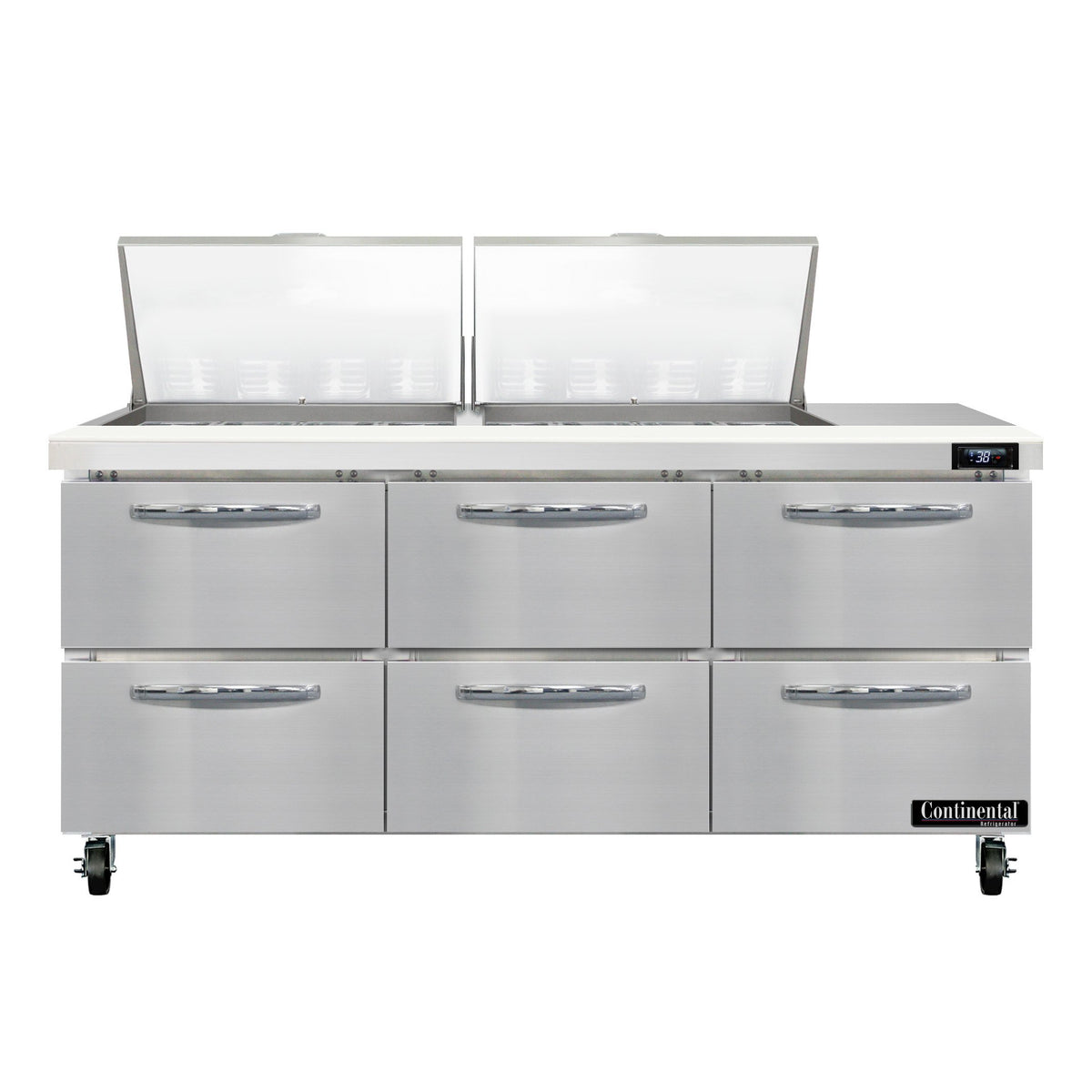 Continental Refrigerator SW72N24M-D 72-Inch Mega Top Sandwich & Salad Prep Table — 6 Drawers, 24 Pans, Stainless Steel Front