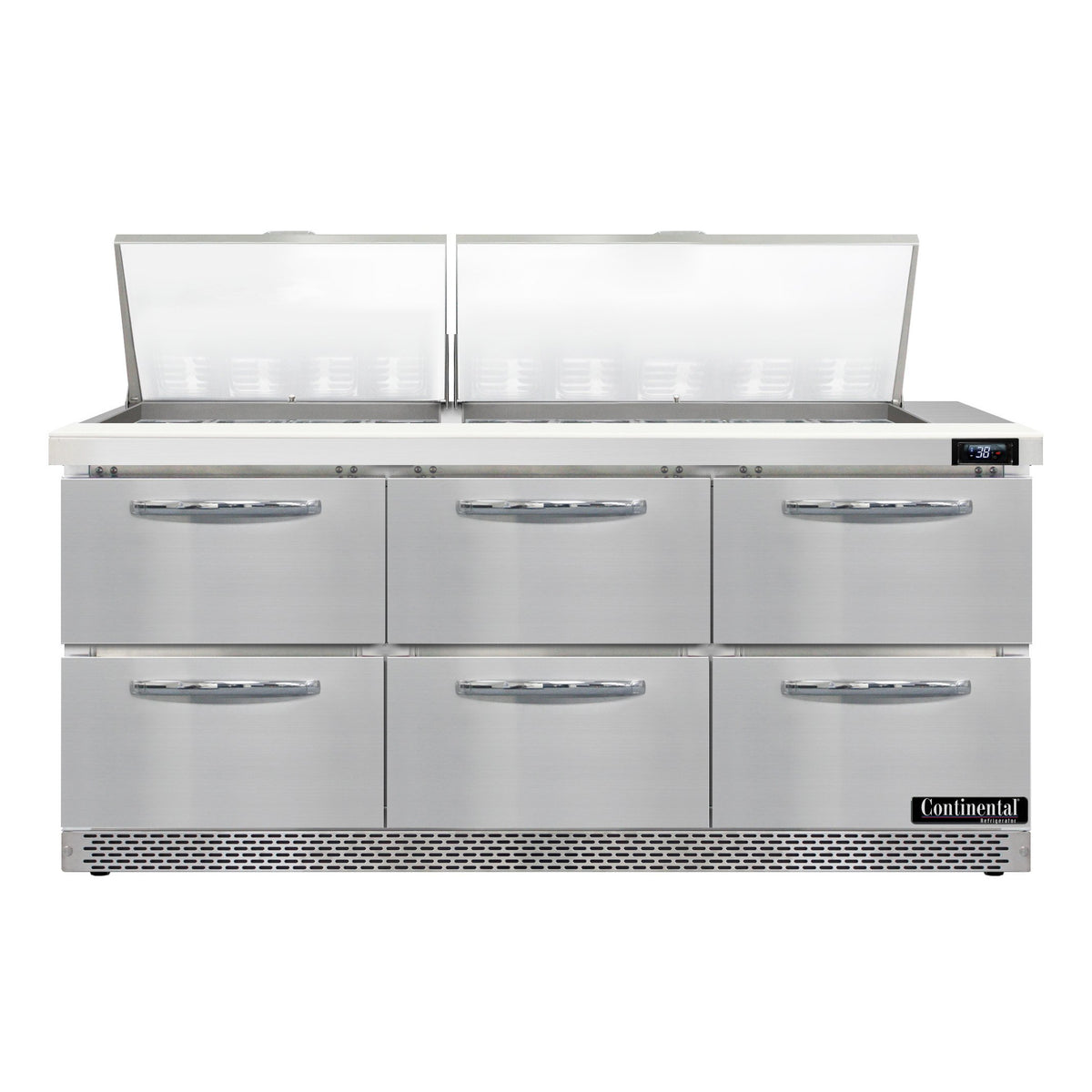 Continental Refrigerator SW72N27M-FB-D 72-Inch Mega Top Sandwich & Salad Prep Table — 6 Drawers, 27 Pans, Stainless Steel Front