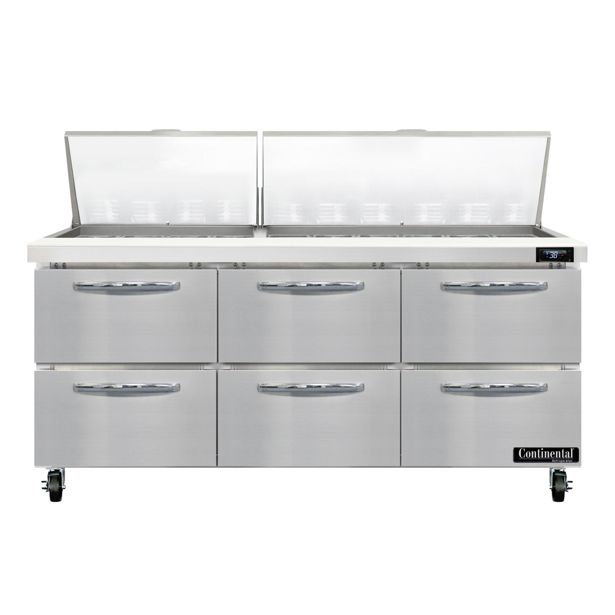 Continental Refrigerator SW72N30M-D 72-Inch Mega Top Sandwich & Salad Prep Table — 6 Drawers, 30 Pans, Stainless Steel Front