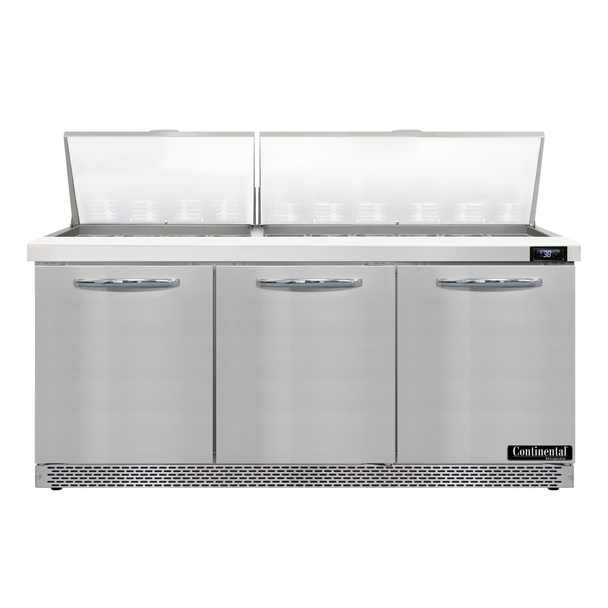 Continental Refrigerator SW72N30M-FB 72-Inch Mega Top Sandwich & Salad Prep Table — 3 Doors, 30 Pans, Stainless Steel Front