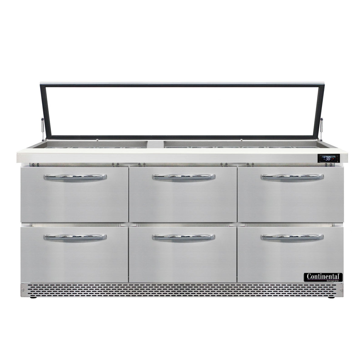 Continental Refrigerator SW72N30M-HGL-FB-D 72-Inch Mega Top Sandwich & Salad Prep Table — 6 Drawers, 30 Pans, Stainless Steel Front
