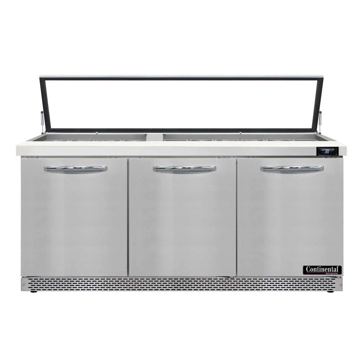 Continental Refrigerator SW72N30M-HGL-FB 72-Inch Mega Top Sandwich & Salad Prep Table — 3 Doors, 30 Pans, Stainless Steel Front