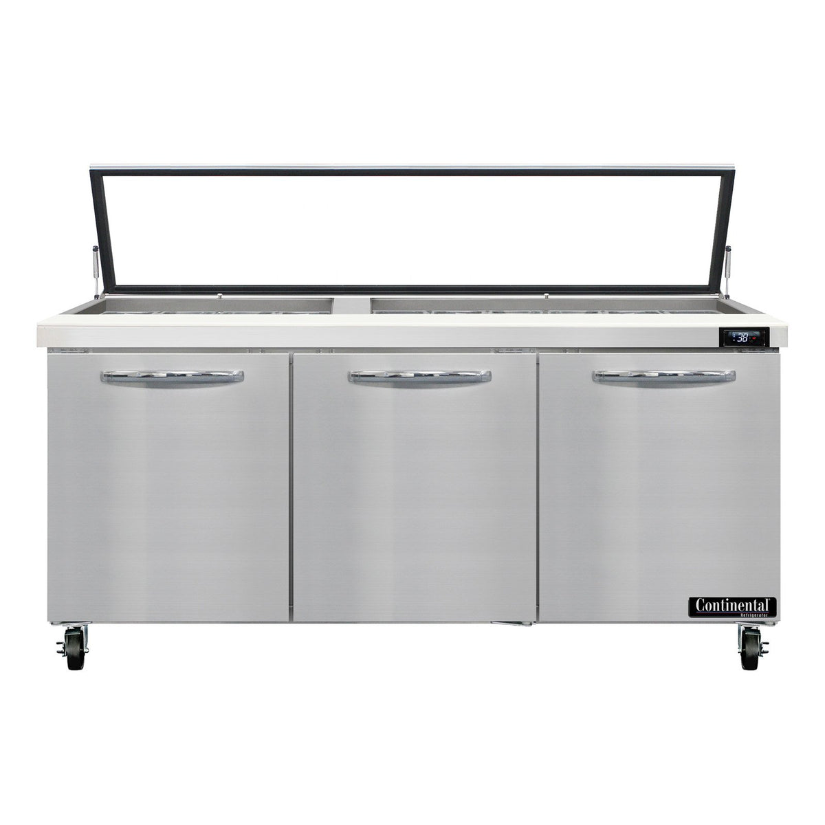 Continental Refrigerator SW72N30M-HGL 72-Inch Mega Top Sandwich & Salad Prep Table — 3 Doors, 30 Pans, Stainless Steel Front