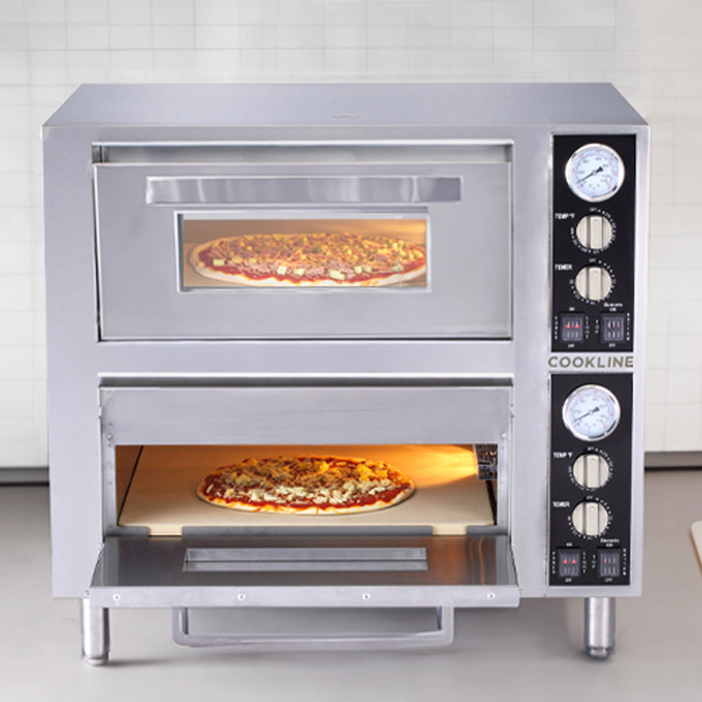 Cookline CPO-2D countertop electric pizza oven, front view baking two pizzas, doors open