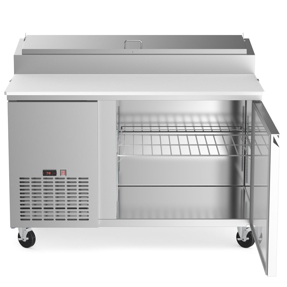 Coldline CPT-44 refrigerated pizza prep table, door open showing the shelf