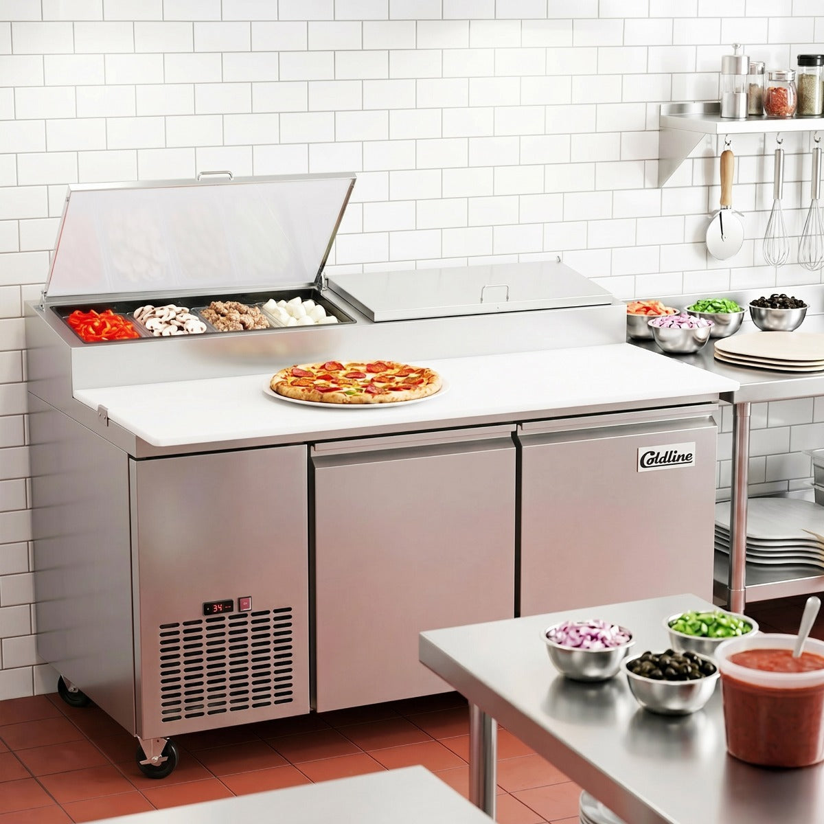 Coldline CPT-72 refrigerated pizza prep table, in use making pizza (representative image)