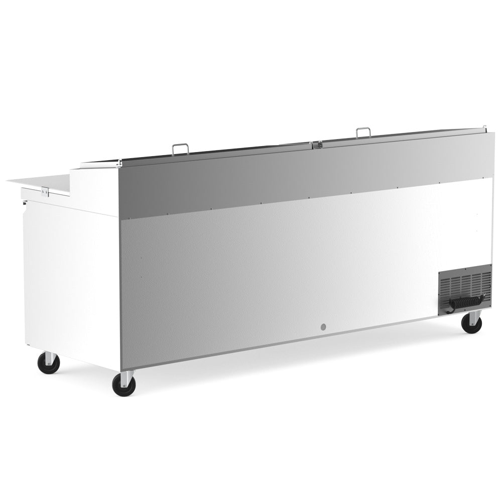 Coldline CPT-92 refrigerated pizza prep table, side and rear angled view