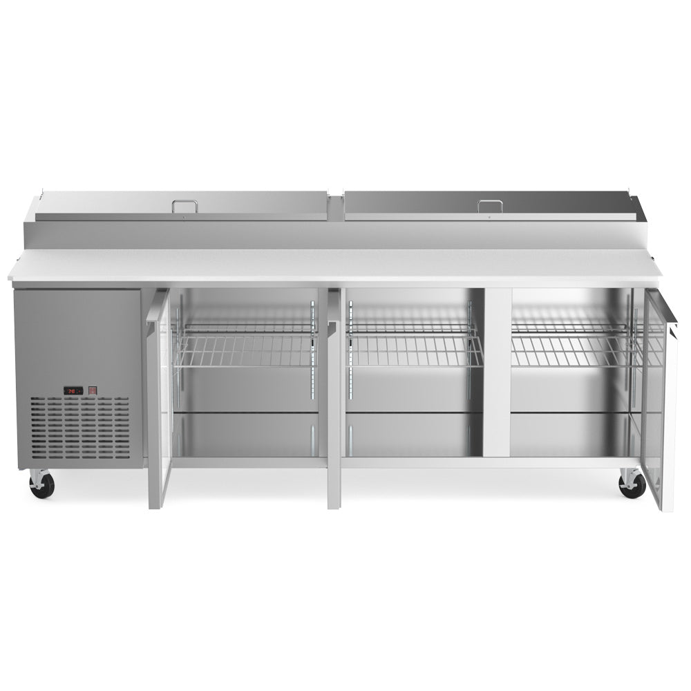 Coldline CPT-92 refrigerated pizza prep table, door open showing the shelf