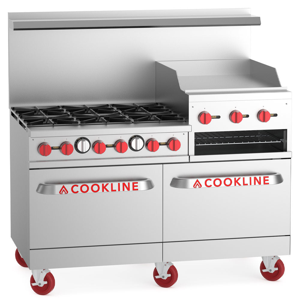 Cookline CR60-24RG-NG 60" commercial gas range, front angle view on casters