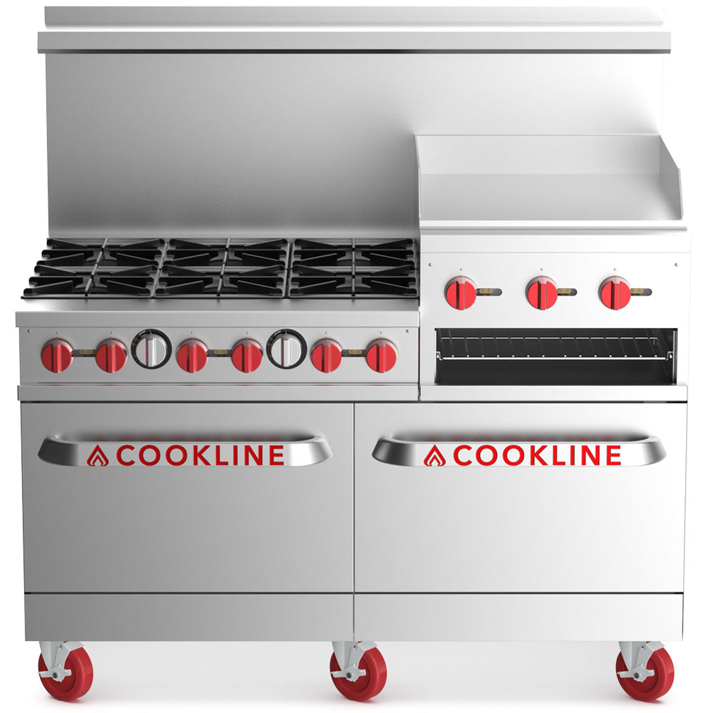 Cookline CR60-24RG-NG 60" commercial gas range, front view on casters