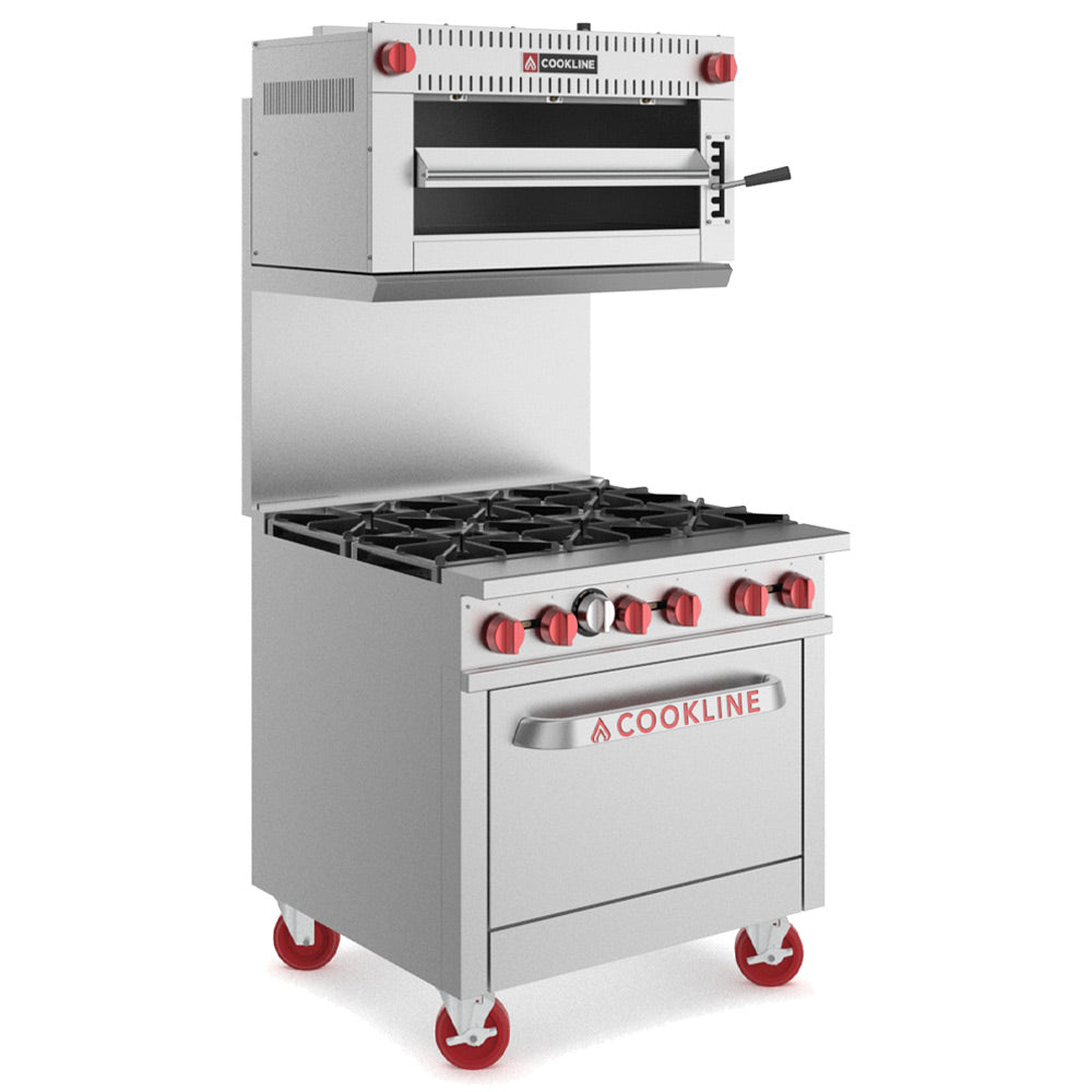 Cookline CSM-36-RM 36" infrared salamander broiler, shown mounted above a Cookline range (range sold separately)
