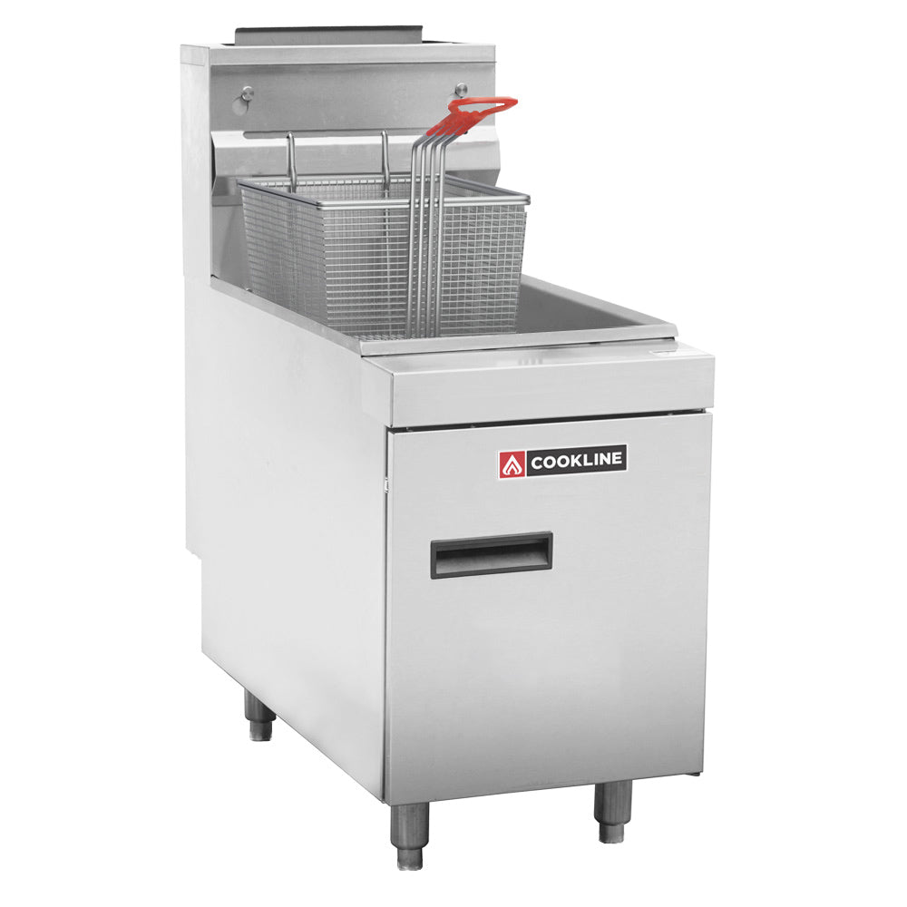Cookline CTF2-LP countertop gas fryer, front angle view, basket in the fryer