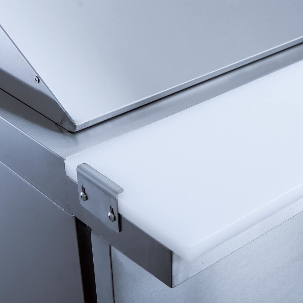 Coldline SMP36 sandwich prep table, cutting board edge, close-up
