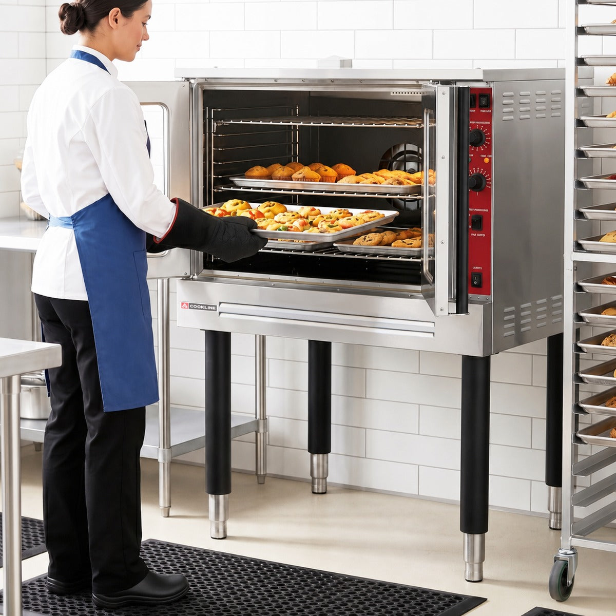 Cookline CV100-SGL-208-3 single deck electric convection oven, in use, a baker loading a sheet pan