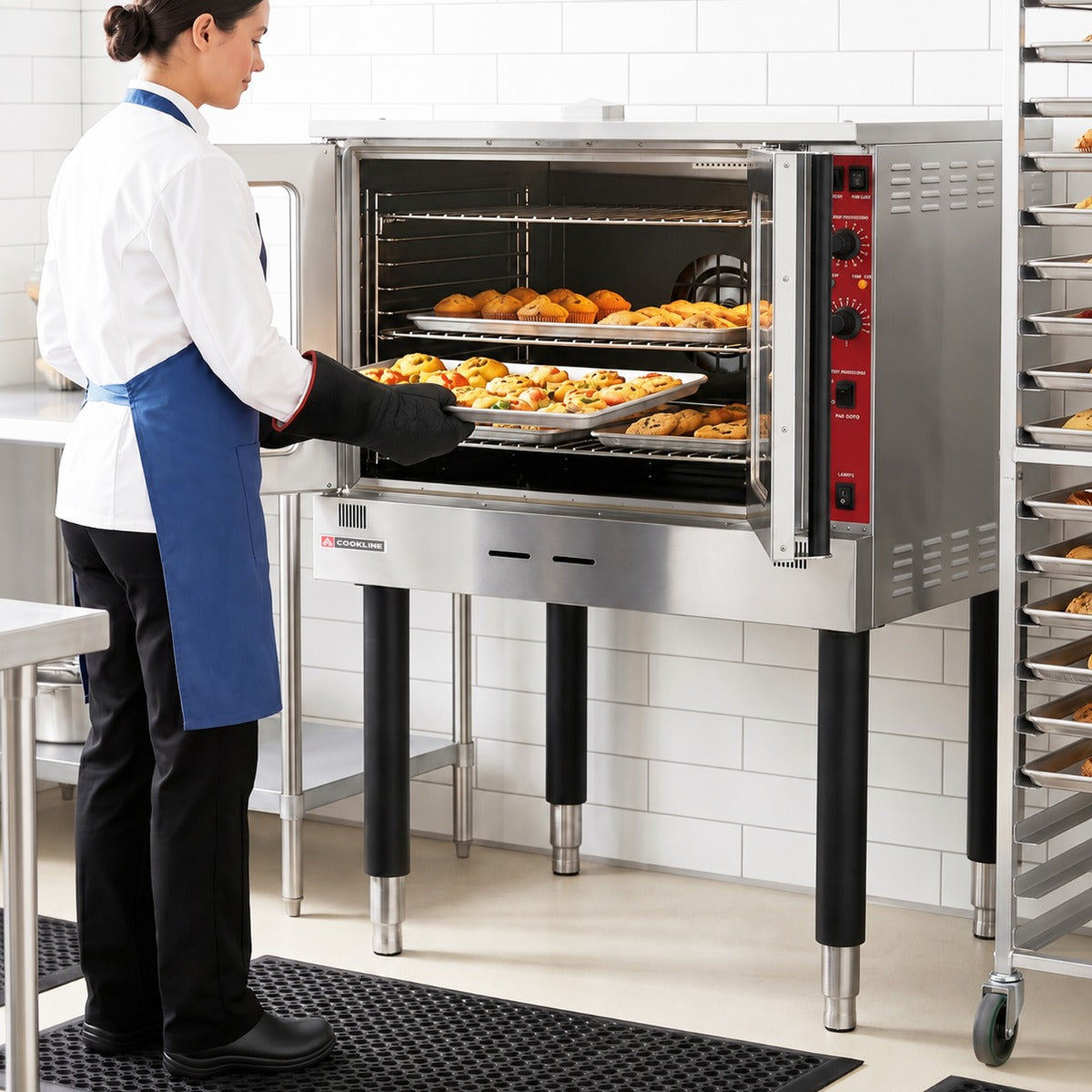 Cookline CV100-SGL single deck natural gas convection oven, in use, a baker loading a sheet pan