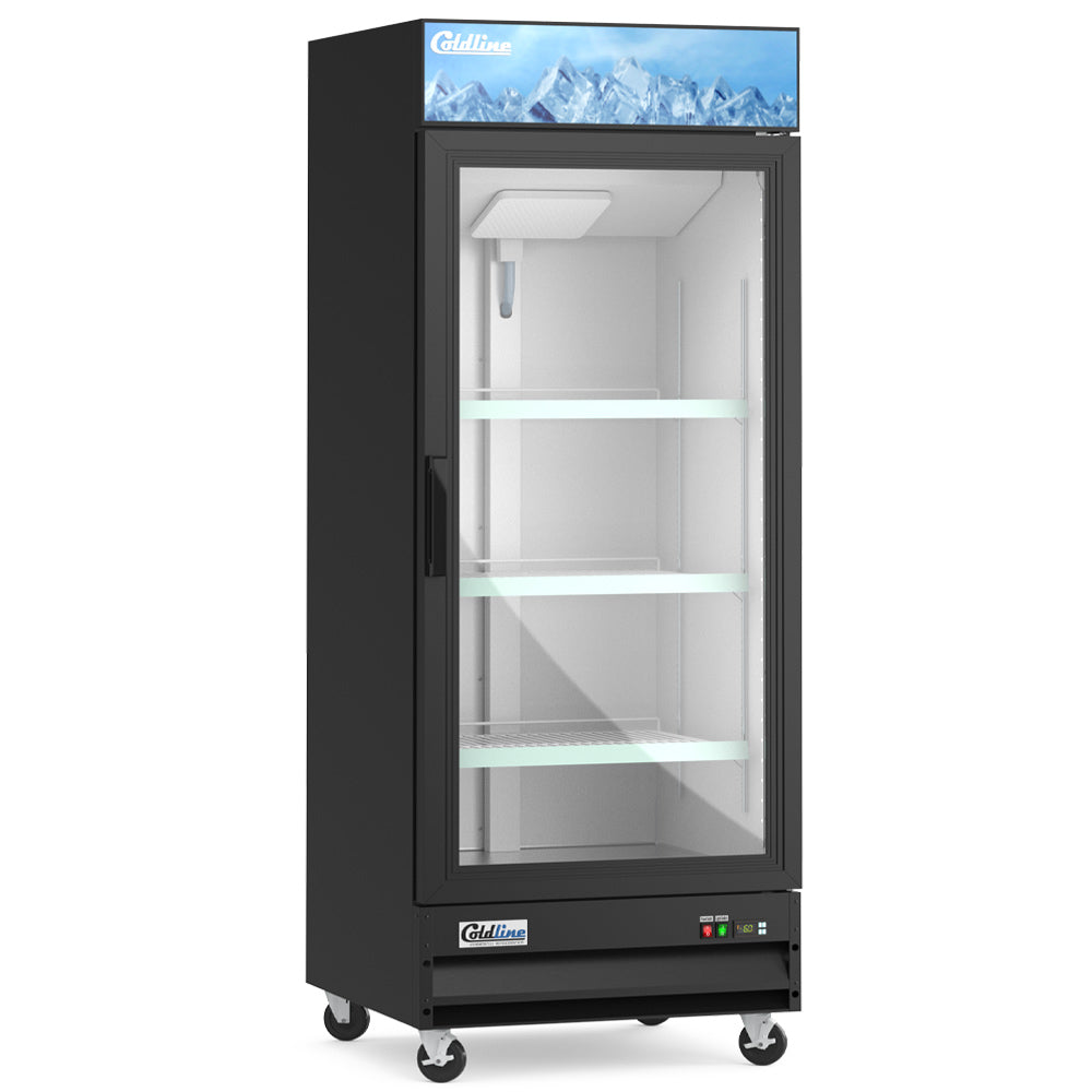 Coldline D10-B black glass door merchandiser freezer, angled front view