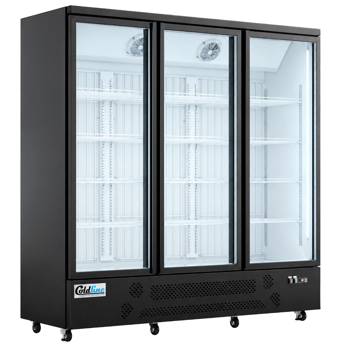Coldline D3-B 74" Three Glass Door Merchandiser Freezer with LED Lighting, Black