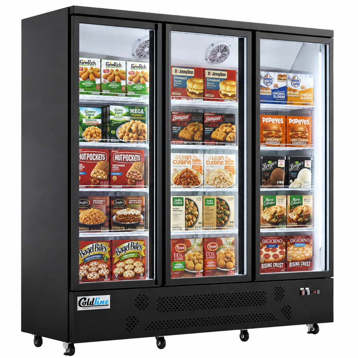 Coldline D3-B 74" Three Glass Door Merchandiser Freezer with LED Lighting, Black