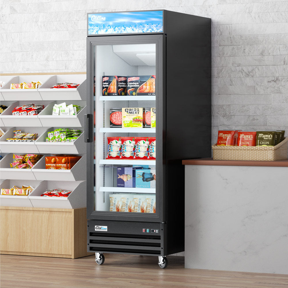 Coldline D30-B black glass door merchandiser freezer, stocked in a store (representative image)