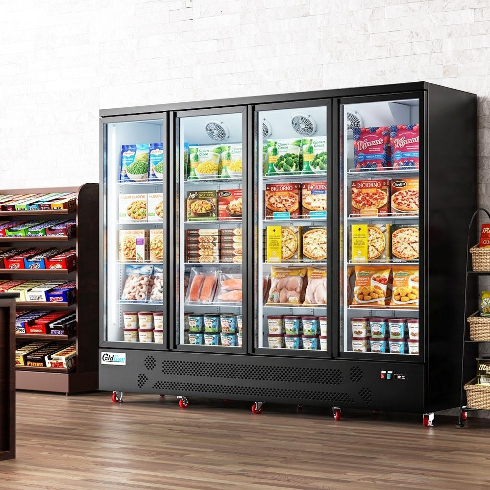 Coldline D4-B 98" Four Glass Door Merchandiser Freezer with LED Lighting, Black
