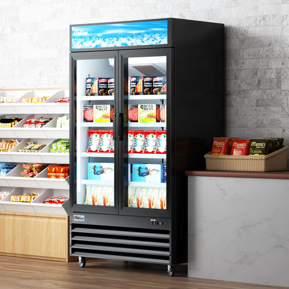 Coldline D48-B black glass door merchandiser freezer, stocked in a store (representative image)