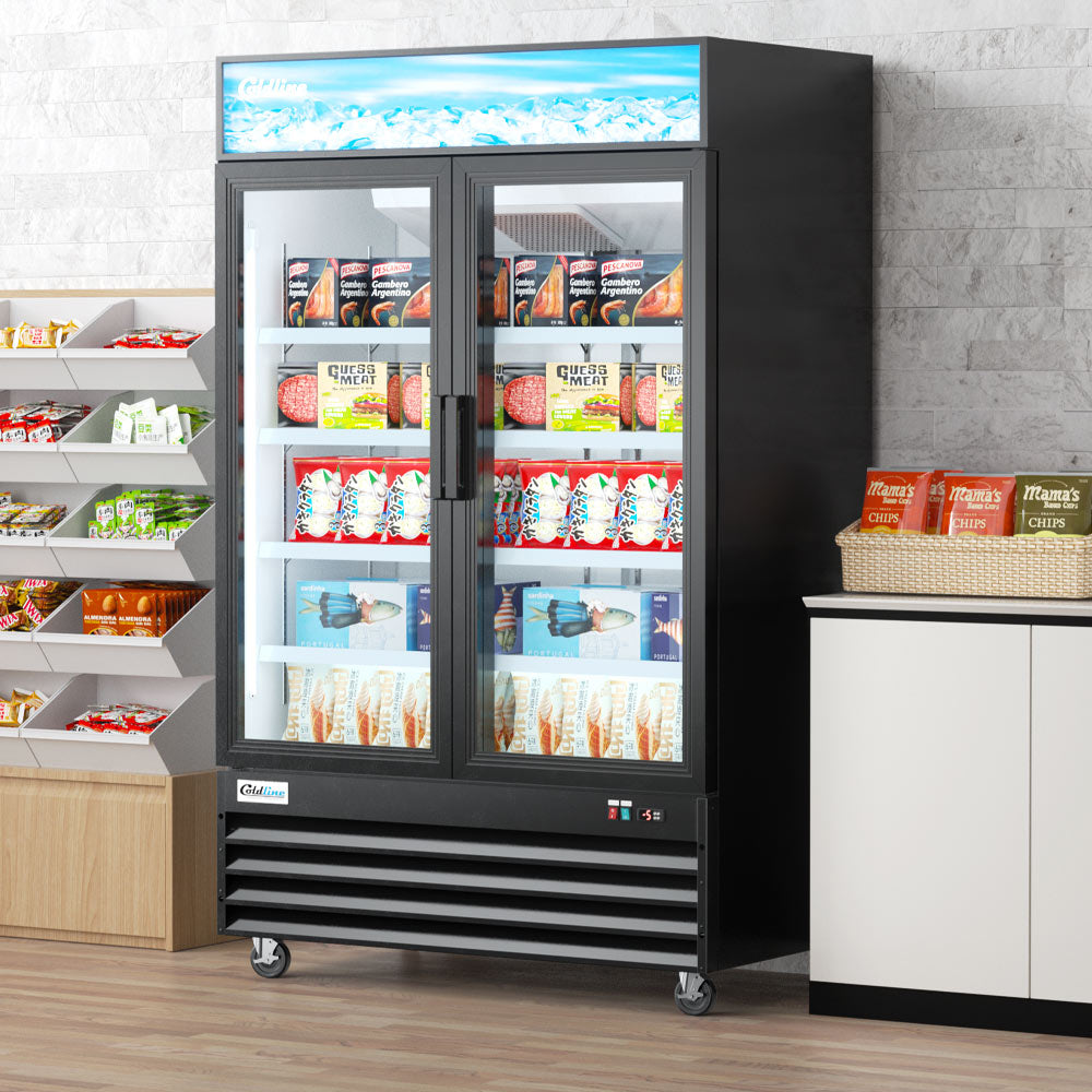 Coldline D53-B black glass door merchandiser freezer, stocked in a store (representative image)