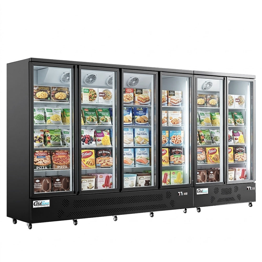 Coldline D6-B 148" Six Glass Door Merchandiser Freezer with LED Lighting, Black