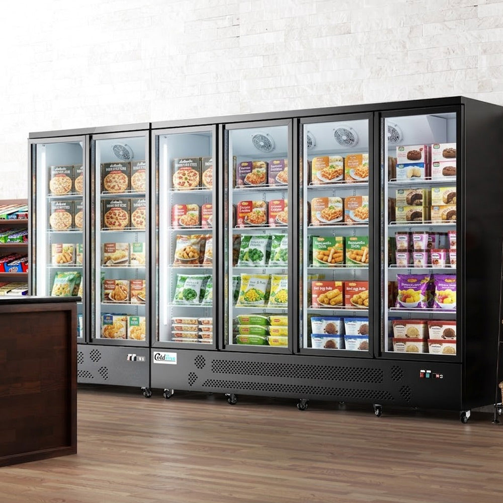 Coldline D6-B 148" Six Glass Door Merchandiser Freezer with LED Lighting, Black