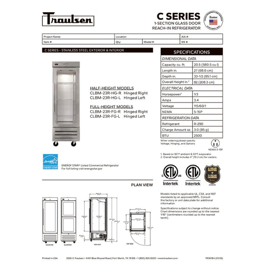 Traulsen C Series Reach-In Refrigerator Specsheet